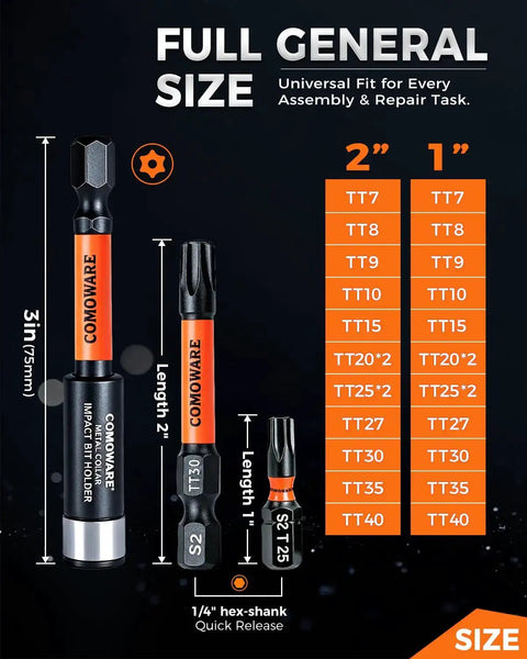 Impact Torx Bit Set, 27-Piece, S2 Steel, One Quarter Inch Drive, sizes 2-inch and 1-inch, with magnetic bit holder shown
