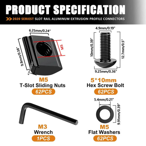Specifications of 30 Piece 2020 Series Aluminum T Slot Rail Connector Kit With 2028 Corner Bracket, including M5 nuts, screws, and M3 wrench.