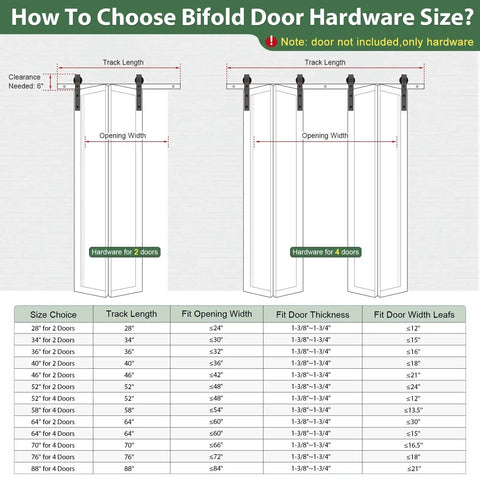 Diagram showing size chart for 64-Inch Bi-Fold Sliding Barn Door Hardware Track Kit With Side Mounted Black J Shape Rollers, door not included.