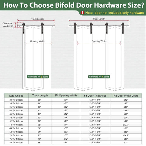 Diagram showing bifold door hardware sizing with a chart for 52 Inch Bifold Sliding Barn Door Hardware Track Kit With Side Mounted Black J Shape Rollers.