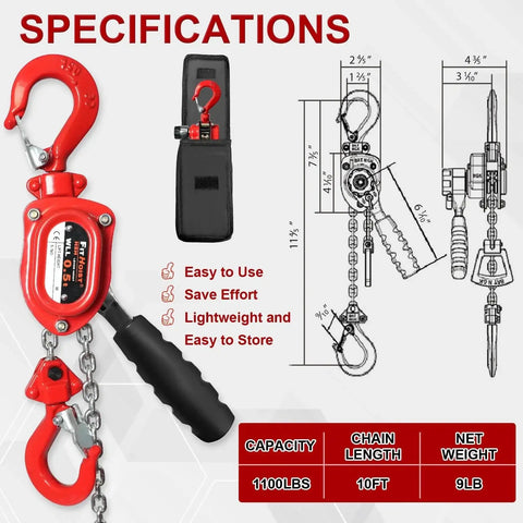 Half Ton Manual Lever Chain Hoist With 360 Degree Rotating Hooks G80 Chain, detailed specifications in red background