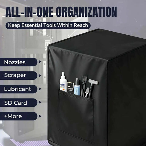 Saturn 4 Ultra Resin 3D Printer Dust Cover With Drawstring And Side Pocket, black cover holding tools like nozzles and scraper