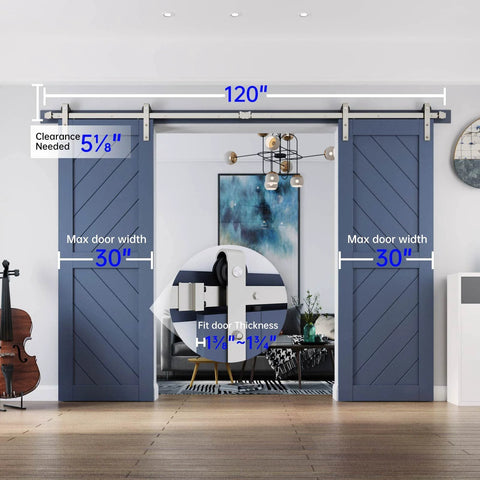 Rugged 10 Foot Brushed Nickel Double Sliding Barn Door Hardware Track Kit with 30 inch wide double doors installed in living room