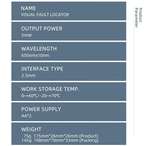 Aluminum pen-type fiber optic Visual Fault Locator VFL-5 spec sheet by Amazon: 650nm, 5mW, 2.5mm interface, AA×2