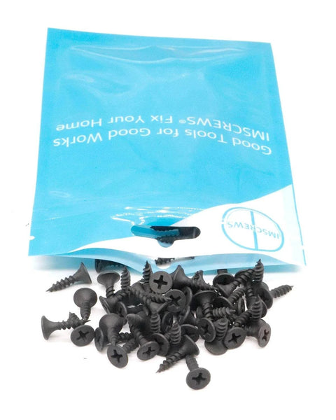 Size Six Pro Grade Drywall Screws Five Eighth Inch Flat Head Phillips Fine Thread Sharp Point For Wood And Drywall Carbon Steel 1022A Black Phosphate Finish 100 Pack scattered from bag