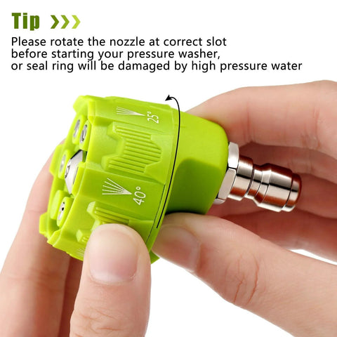 Close-up of hand holding a green 2 Pack Six In One Pressure Washer Nozzles With Quarter Inch Quick Changeover And Adjustable Plug Connect Up To 4000 PSI