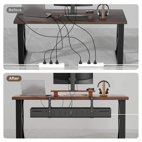 Before and after view of a desk with cables organized using an Expandable Under Desk Cable Management Tray Clamp-On For Home Office And Standing Desk.