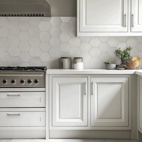Modern kitchen with hexagonal tile backsplash, stainless steel stove, and white cabinets featuring 8 Pack Brushed Nickel Cabinet Handles 5 Inch Square Drawer Pulls Stainless Steel With 128mm Hole Centers For Kitchen Cabinets And Drawer Fronts Easy Installation And Durable Hardware.