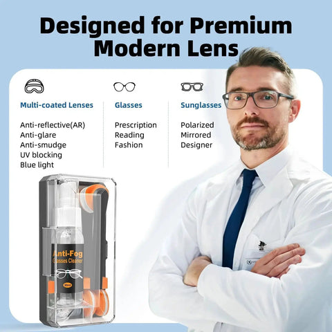 Glasses Cleaning Kit With 24H Anti Fog Spray Microfiber Cloths Brush Wipes in packaging next to a man wearing glasses.