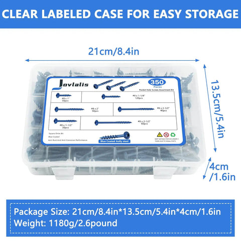 350 Piece Pocket Hole Screws Set With Five Sizes Size Eight To Two And A Half Inch Square Drive Coarse Thread Wood Screws With Blue Coated Finish And Included Drive Bit For Outdoor DIY Projects displayed in clear labeled case