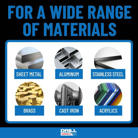 Materials suitable for use with Gold Stepped Point Cobalt Drill Bit Set 29 Piece With Gold Oxide Finish For Quick Drilling In Acrylic Steel And Hard Metals In A Round Case Sizes One Sixteenth Inch To One Half Inch Sixty Fourths By Drill America shown: sheet metal, aluminum, stainless steel, brass, cast iron, acrylics.
