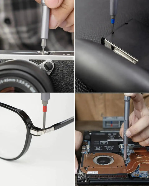 71-In-1 Mini Precision Screwdriver Set with 360 Spin in use on camera, glasses, car interior, and electronic device