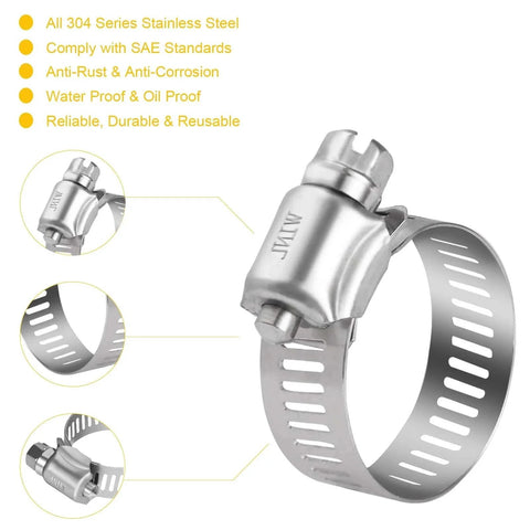 Close-up of Stainless Steel Hose Clamps 16 Pack SAE 16 Worm Gear Drive Clamps for automotive plumbing, 19mm-38mm range.