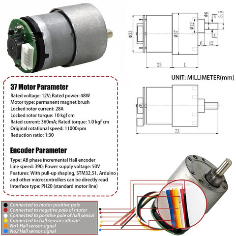 Diagram and specifications of motor and encoder for Professional 4WD Metal Robot Car Chassis Kit With 97mm Mecanum Wheels.