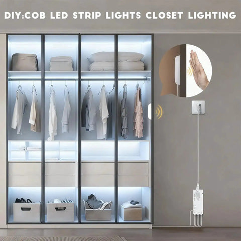 Dope 12V COB LED Strip Lights Kit With Six In One Self Adhesive Under Cabinet Lighting installed in wardrobe with dimmable switch