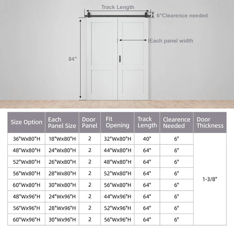 48 By 80 Inch Bifold Barn Door With 64 Inch Track Hardware Two Lite White Primed MDF Panels One And Three Eighths Inch Thick Solid Core Sound Insulated Pre Drilled Space Saving Sliding Door For Laundry Room Or Bedroom with size chart and installation guide.