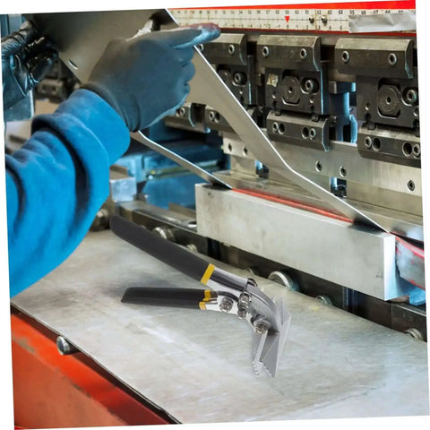 Manual Metal Bender Tool With 3 Inch Seaming Pliers on sheet metal fabrication table, industrial setting