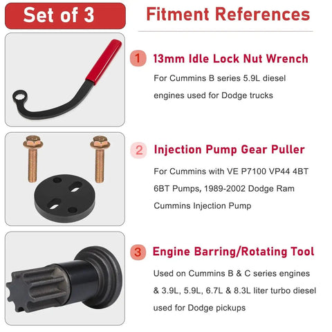 Set of 3 tools including a 13mm Injection Pump Idle Lock Nut Wrench, Engine Barring Tool, and Gear Puller Kit for Cummins Diesel engines.