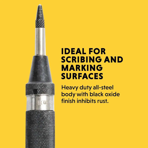 Close-up of heavy-duty automatic center punch for marking with steel body and replaceable hardened point for wood and metal work.