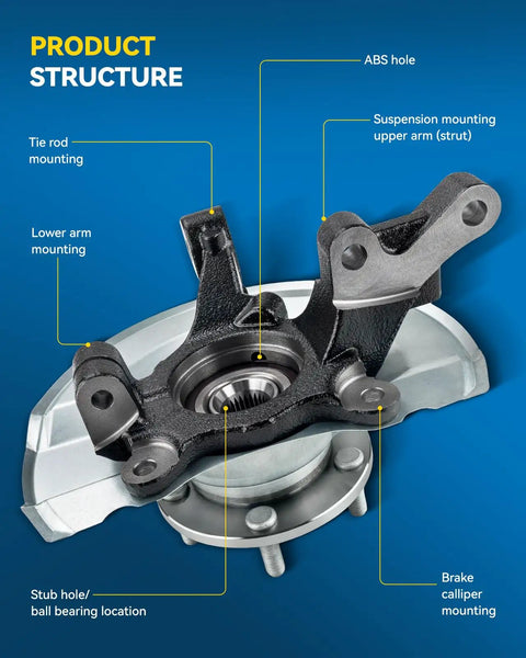 Front Steering Knuckle And Wheel Bearing Hub Assembly For Toyota Camry 1997 To 2001, front view with labeled parts