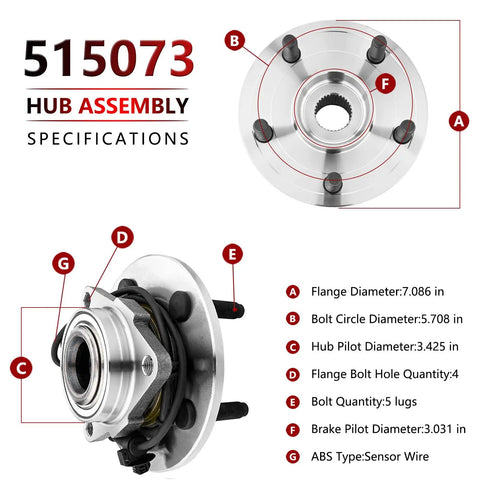 Front Wheel Bearing And Hub Assembly For Dodge Ram 1500 2002 2003 2004 2005 Beefy Heavy Duty Wheel Hub Replacement Direct Fit ABS Compatible OE Style 515073 shown with specifications and dimensions