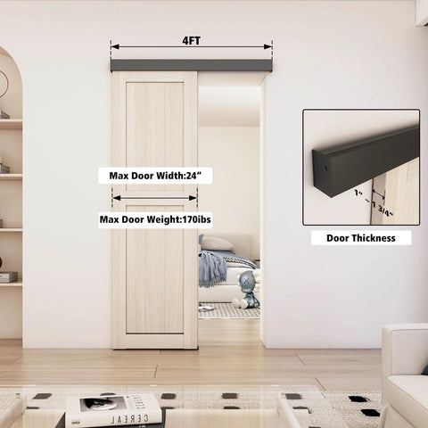Low Clearance 4 Ft Barn Door Hardware Kit With Aluminum Box Rail Track Heavy Duty Sliding Door System For Interior Single Wooden Doors Rustproof And Wear Resistant Works Up To 24 Inch Wide Doors Ultra Sturdy And Quiet Operation installed in living room with wooden door
