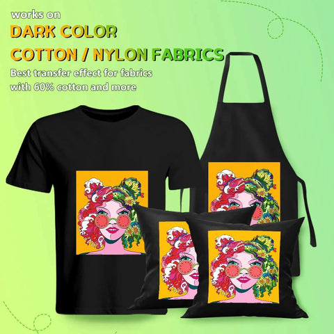 Heat Transfer Paper For Dark T Shirts 25 Sheets 8 By 11 Inches Works With Inkjet And Laser Printers Easy To Use Printable Stretchable And Durable Transfers For Custom Tees And DIY Clothing Projects on black T-shirt, apron, and pillow covers.