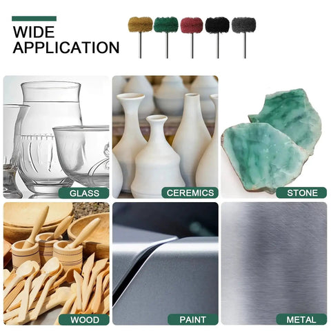 Buffing Wheel Set 100 Pack Pro Grade For Metal Polishing Rotary Tool Accessories; applications on glass, ceramics, stone, wood, paint, metal.