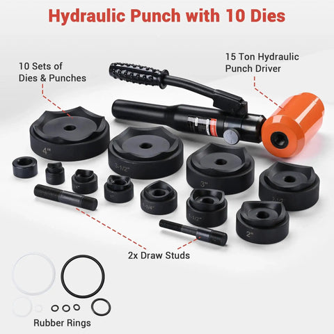 15-Ton Hydraulic Knockout Punch Kit With 10 Dies for Holes From 1/2 to 4 Inch showing components and punch driver.