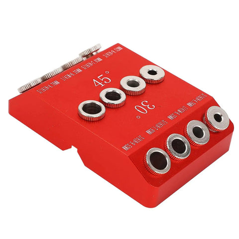 Side view of red Pocket Hole Jig Drill Guide For Woodworking Pros And DIYers 30 Degree 45 Degree 90 Degree Angles Oblique