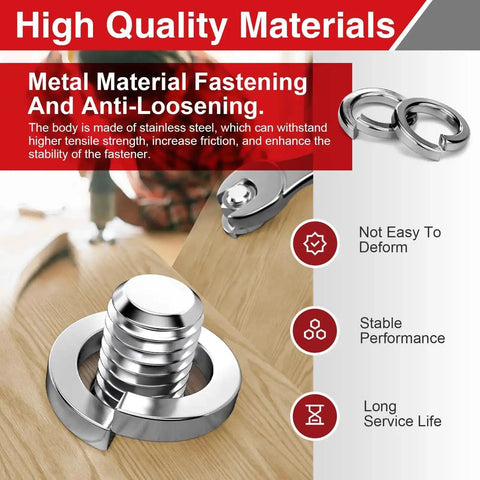 M8 Stainless Steel Split Lock Washers Set, 40 Pcs, Silver Elastic Gaskets for Bolts Nuts and Screws on wooden surface