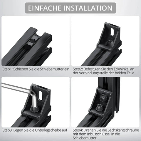 Installation steps for 10 Pack Aluminum Profile 4040 Corner Brackets for Extrusion Mounting, shown in black finish for DIY projects.
