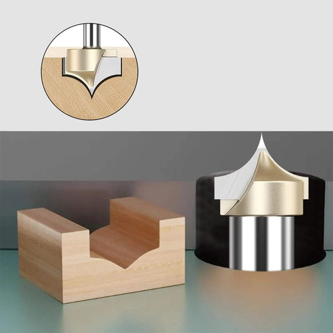 Close-up of Four Piece Roundover Router Bit Set With One Quarter Inch Shank For CNC Woodworking And Carving, showing two flute bit cutting wood.
