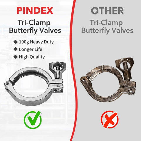 Pindex 2-inch tri-clamp butterfly valve, 304 stainless steel with silicone gasket, heavy-duty