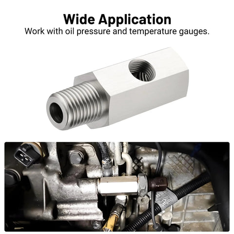 Oil pressure sensor tee adapter, EVIL ENERGY, stainless steel, 1/4 NPT female to male, 1/8 NPT female port, installed