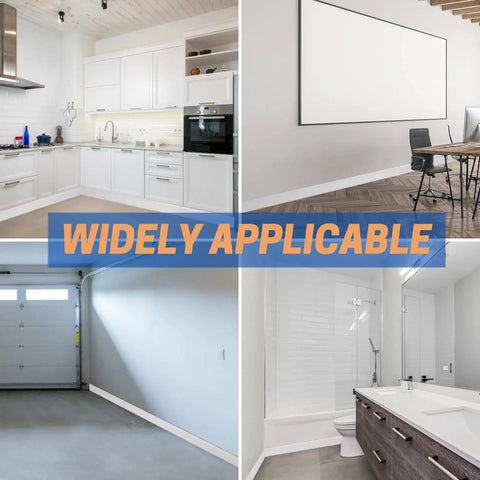 Self Adhesive Vinyl Wall Base Molding 4 Inch Wide 20 Feet White Peel And Stick Cove Base No Glue Needed Easy Install Durable Vinyl Trim COUKIU shown installed in various indoor spaces.