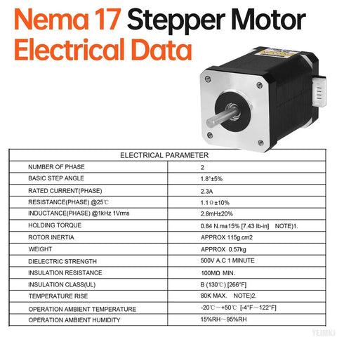 High Torque Nema 17 Stepper Motor 2 Phase 1.8 Degree 0.84Nm Bipolar with electrical specifications chart