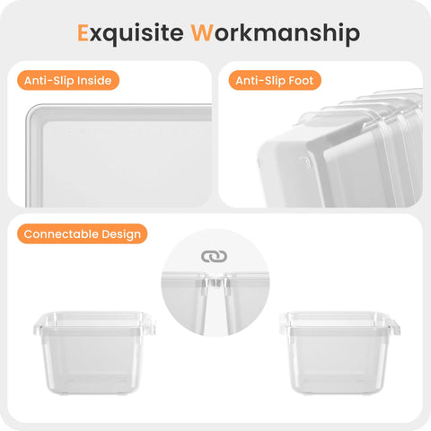 Clear Makeup Drawer Organizer Set Holds 177 Items In Five Sizes For Bathroom Vanity Office Desk Drawer Storage Plastic Divider Bins Modular Transparent Plastic Drawers For Desk Vanity Pantry showing anti-slip features and connectable design.