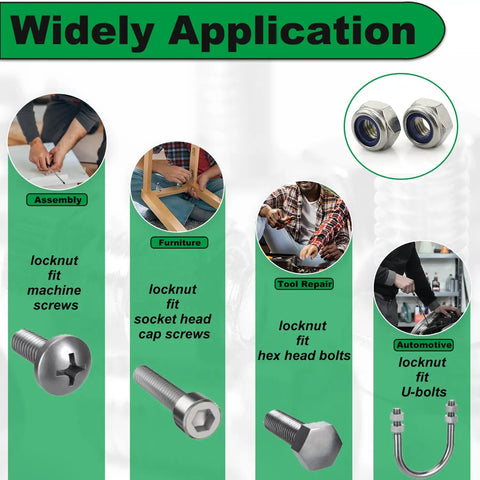 Image showing various applications of Heavy Duty Pro Grade Nylon Inserted M8 Hex Lock Nuts Self Locking 1.25 Pitch 304 Stainless Steel.