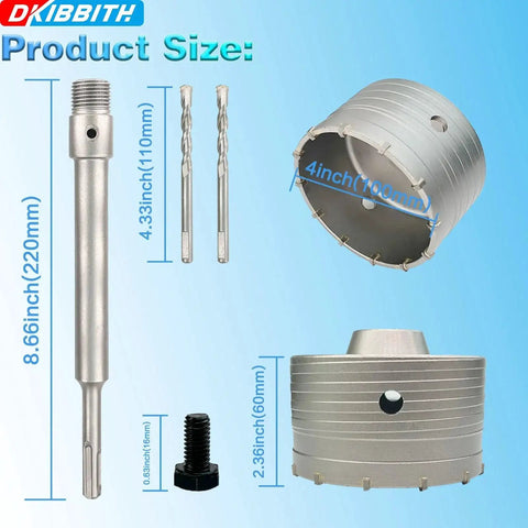 4 Inch Concrete Hole Saw Kit With SDS Plus Shank Tungsten Steel Core Bit And 2 Center Positioning Drill Bits