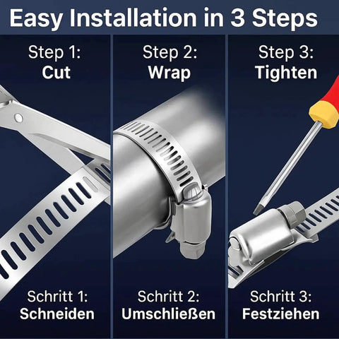 Installation steps for Stainless Steel 304 Hose Clamp Kit: cut strap, wrap around pipe, tighten with screwdriver