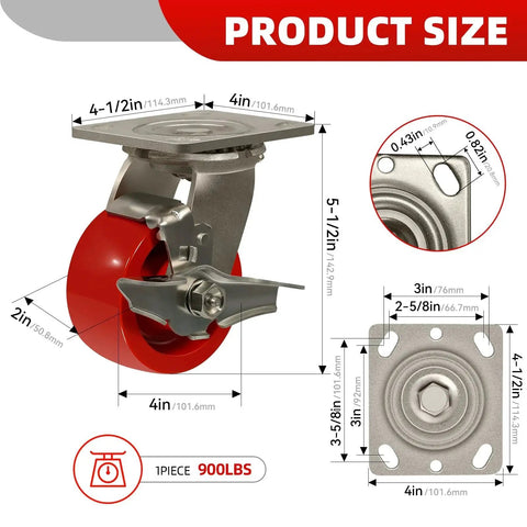 Diagram showing Heavy Duty Stainless Steel 4 Inch Casters With Rust Proof Polyurethane Wheels And One Brake Industrial Grade Caster Set dimensions.