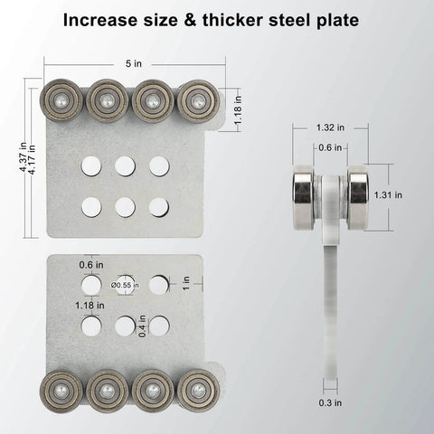 Beefy 8 Wheel Beam Trolley Assembly For Unistrut 1-5/8 Inch Wide Taller Channel Track, side view showcasing dimensions.