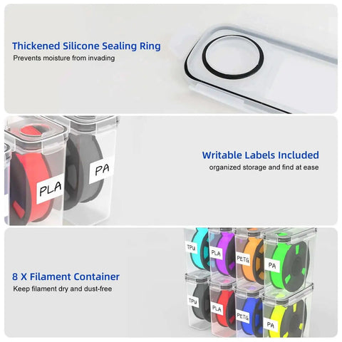8 Pack Filament Storage Case For 1.75mm Spools, Airtight Silicone Seal, Dust Proof Reusable Organizer With Writable Labels