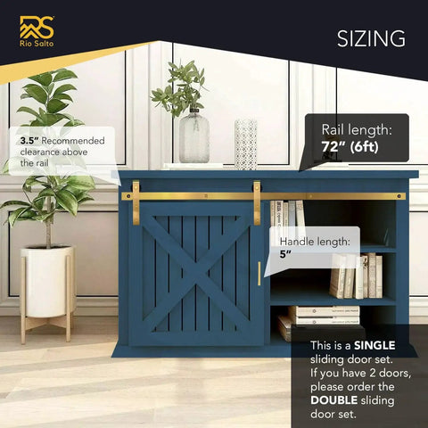 Gold 6Ft Barn Door Hardware Kit With 72 Inch Track For Cabinets TV Stands And Wardrobes shown on blue cabinet