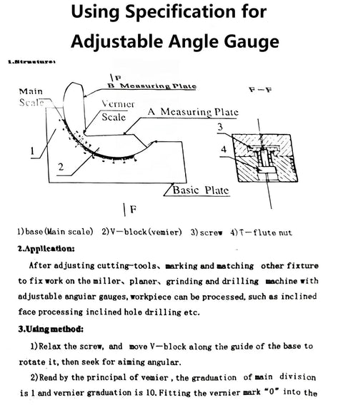 Diagram of Adjustable Micro Angle Gauge 0 To 60 Degrees With Locking Hex Screw for Milling and Lathe Setup with labeled parts and instructions