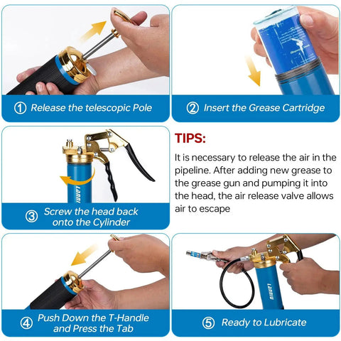 Instructions for using Heavy Duty 8000 PSI Pistol Grip Grease Gun Kit With 14 Oz Capacity 0.53 Inch Coupler And 90 Degree Adapter 18 Inch Flexible Hose For Automotive Agricultural Industrial And Marine Maintenance