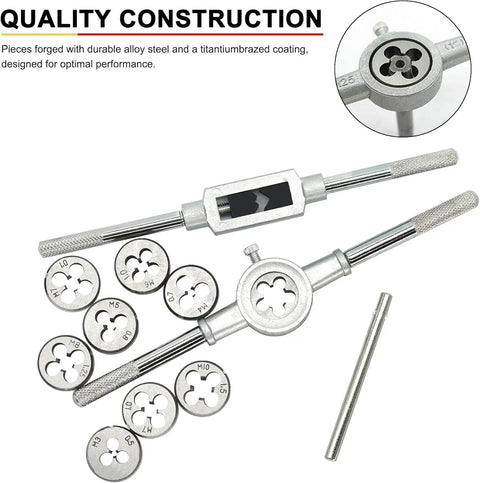 40 Piece Tap And Die Set With Metric M3 To M12 And SAE Sizes Pro Grade All In One Threading Kit displaying dies and handles.