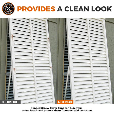 Before and after of shutters using Plastic Hinged Screw Cover Caps 150 White Snap On Caps With Flip Tops for clean finish.