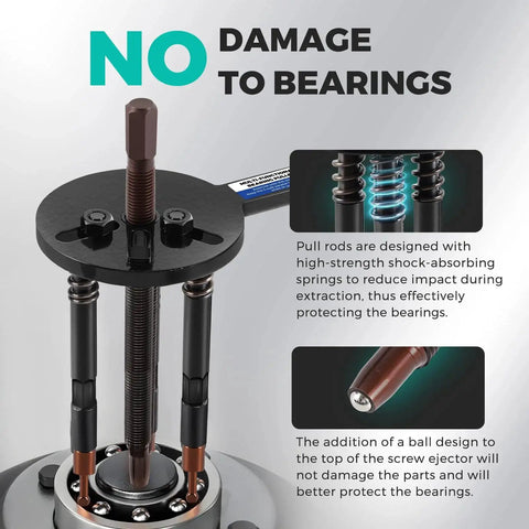 Close-up of 33 In 1 Blind Hole Bearing Puller Kit with curved hook, featuring shock-absorbing springs to protect bearings during use.